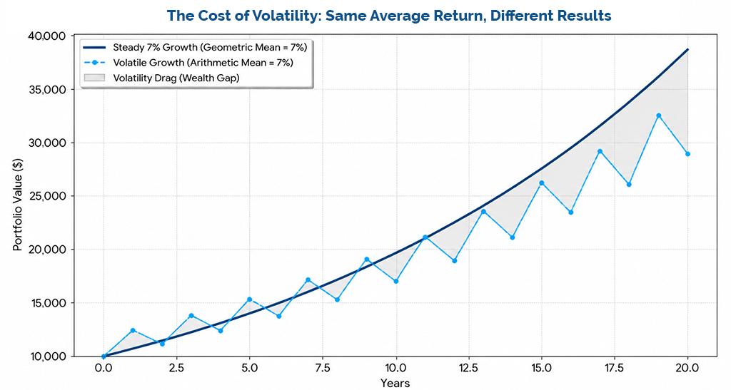 Figure 7: The Cost of Volatility: Same Average Return, Different Results