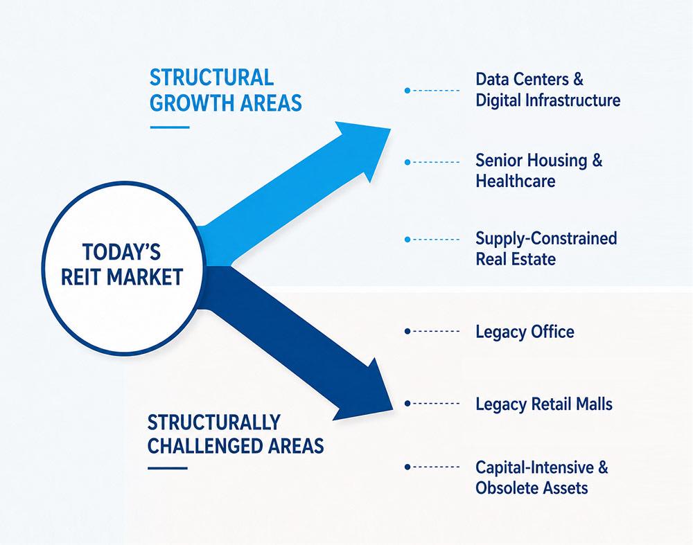 K-shaped REIT market diagram showing structural growth areas and structurally challenged areas